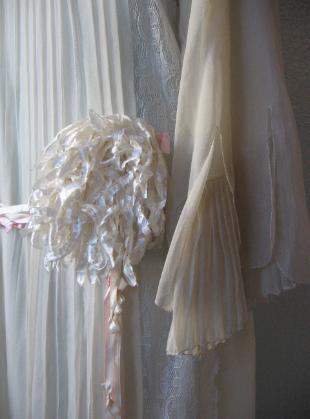 20s wedding dress close up detail, large ribbon flower accent