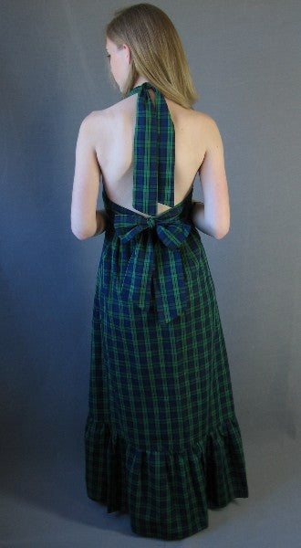 back view, tartan plaid 70s dress with soft bow at  waist