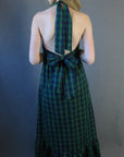 back view, tartan plaid 70s dress with soft bow at  waist