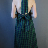back view, tartan plaid 70s dress with soft bow at  waist