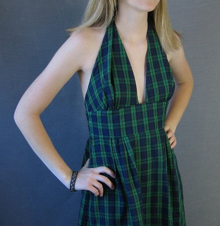 bodice, 70s plaid halter neck dress with cummerbund style waist