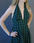 bodice, 70s plaid halter neck dress with cummerbund style waist