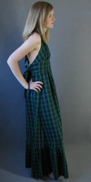 side view, 70s preppy plaid halter neck maxi dress