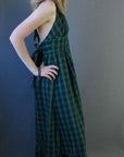 side view, 70s preppy plaid halter neck maxi dress