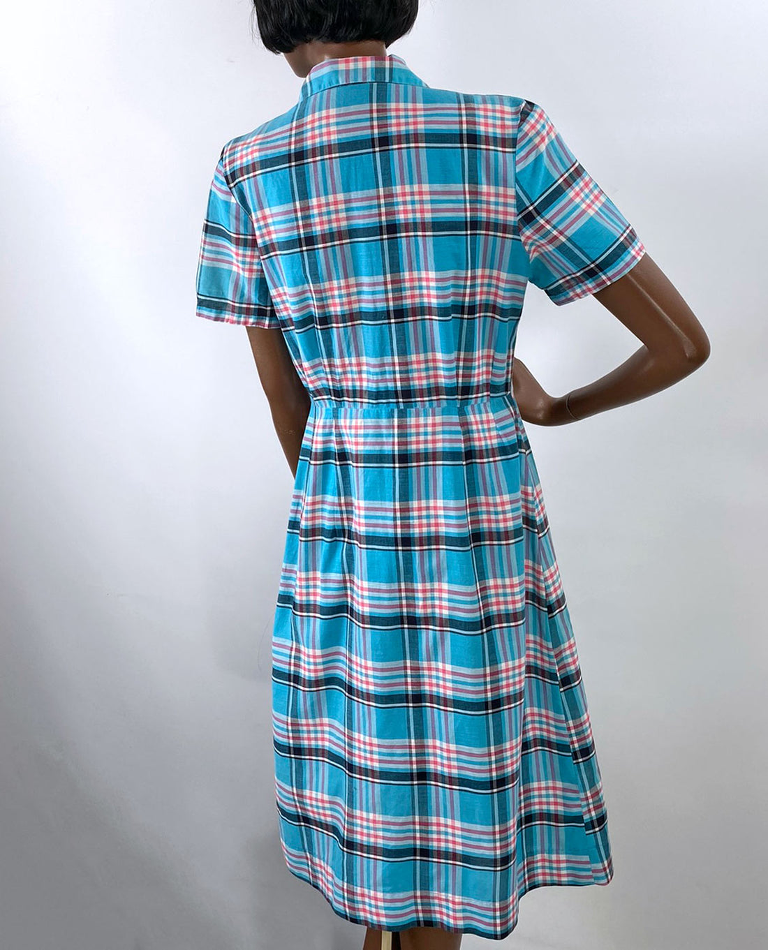 Women's Plaid Day Dress 50s Vintage Turquoise Pink White Medium to Large VFG