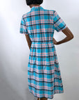 Women's Plaid Day Dress 50s Vintage Turquoise Pink White M/L VFG