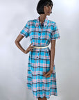 Women's Plaid Day Dress 50s Vintage Turquoise Pink White M/L VFG