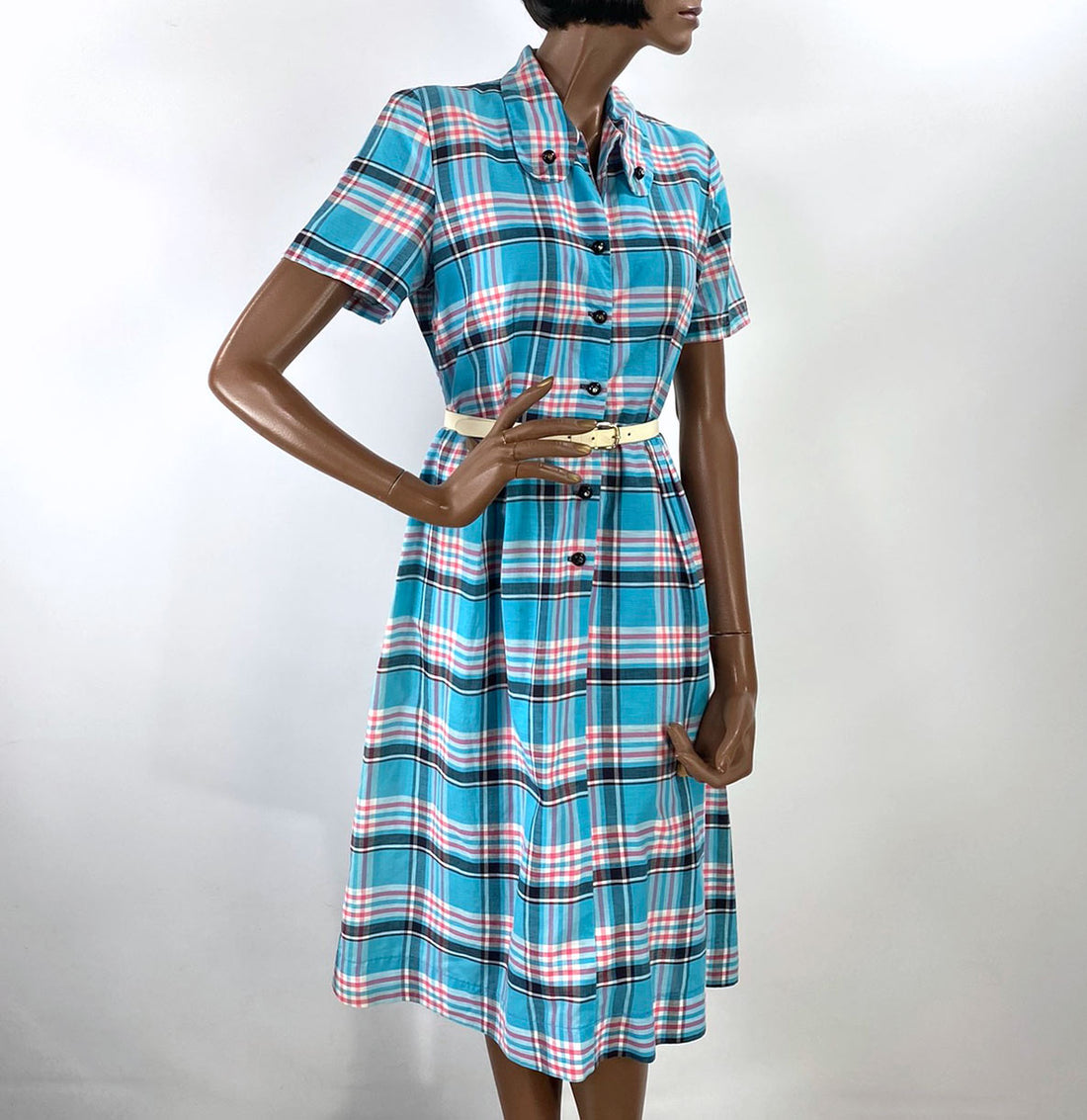 Women's Plaid Day Dress 50s Vintage Turquoise Pink White Medium to Large VFG