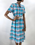 Women's Plaid Day Dress 50s Vintage Turquoise Pink White M/L VFG