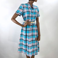 Women's Plaid Day Dress 50s Vintage Turquoise Pink White Medium to Large VFG