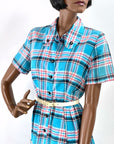 Women's Plaid Day Dress 50s Vintage Turquoise Pink White M/L VFG