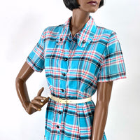 Women's Plaid Day Dress 50s Vintage Turquoise Pink White Medium to Large VFG