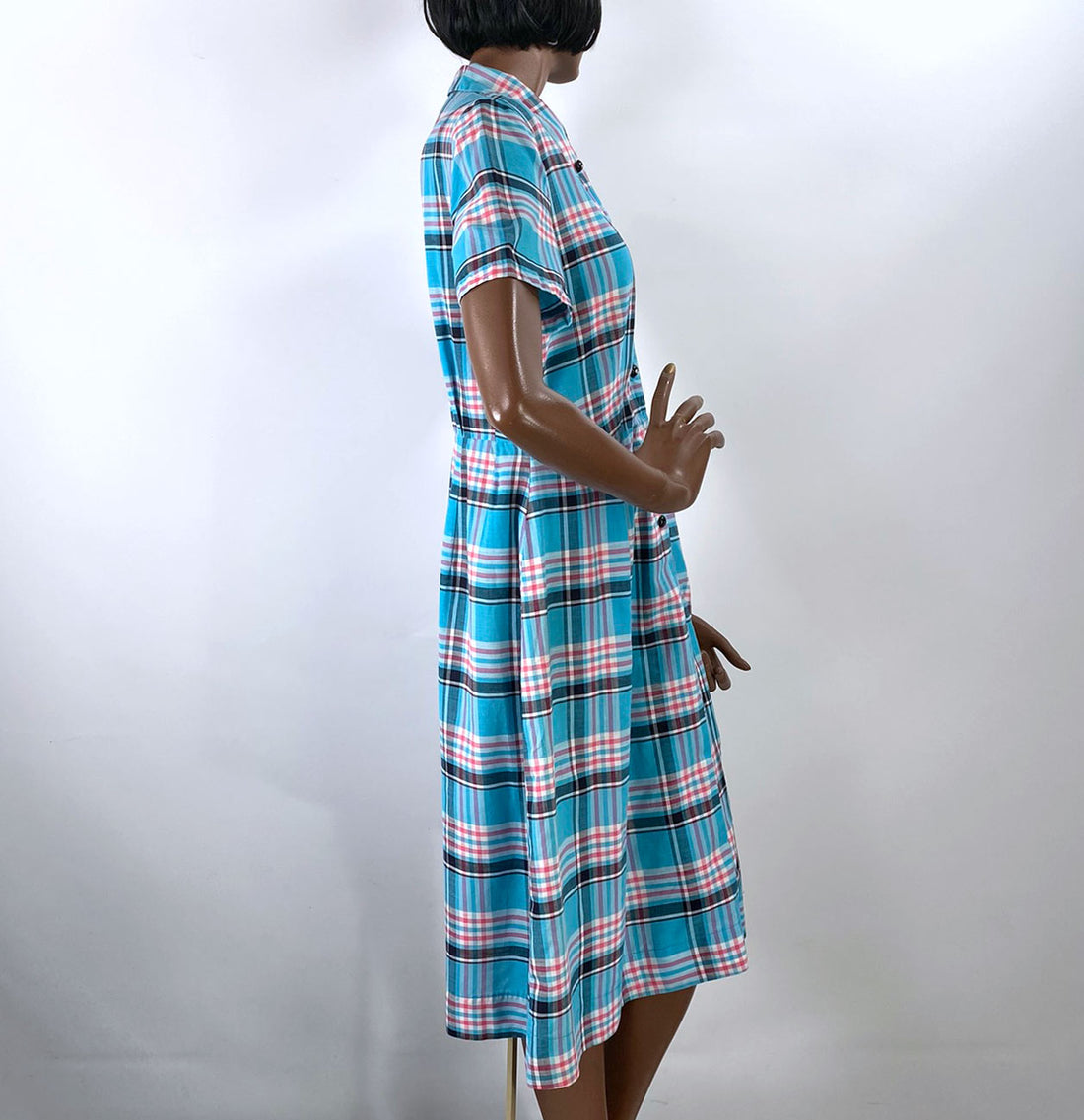 Women's Plaid Day Dress 50s Vintage Turquoise Pink White Medium to Large VFG