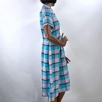 Women's Plaid Day Dress 50s Vintage Turquoise Pink White Medium to Large VFG