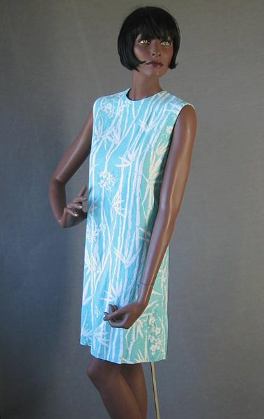 60s shift dress aqua and white bamboo print