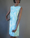 60s shift dress aqua and white bamboo print