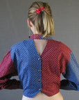 back view, 80s western cropped top with keyhole in red white and blue calico print