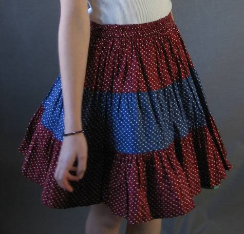 80s tiered mini circle skirt in calico red white and blue print