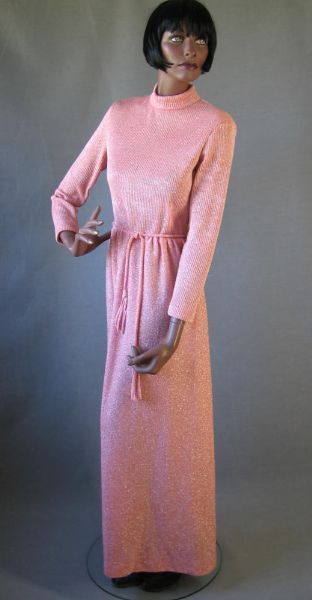 1970s pink peach sparkly knit long dress 