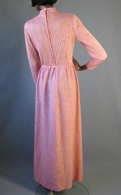 back view, 70s pink peach fit and flare maxidress