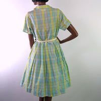 Women's Vintage Day Dress 50s 60s Novelty Plaid Pastels Large VFG Penney's Brentwood