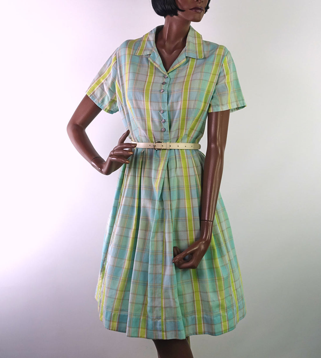 Women's Vintage Day Dress 50s 60s Novelty Plaid Pastels Large VFG Penney's Brentwood