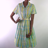 Women's Vintage Day Dress 50s 60s Novelty Plaid Pastels Large VFG Penney's Brentwood