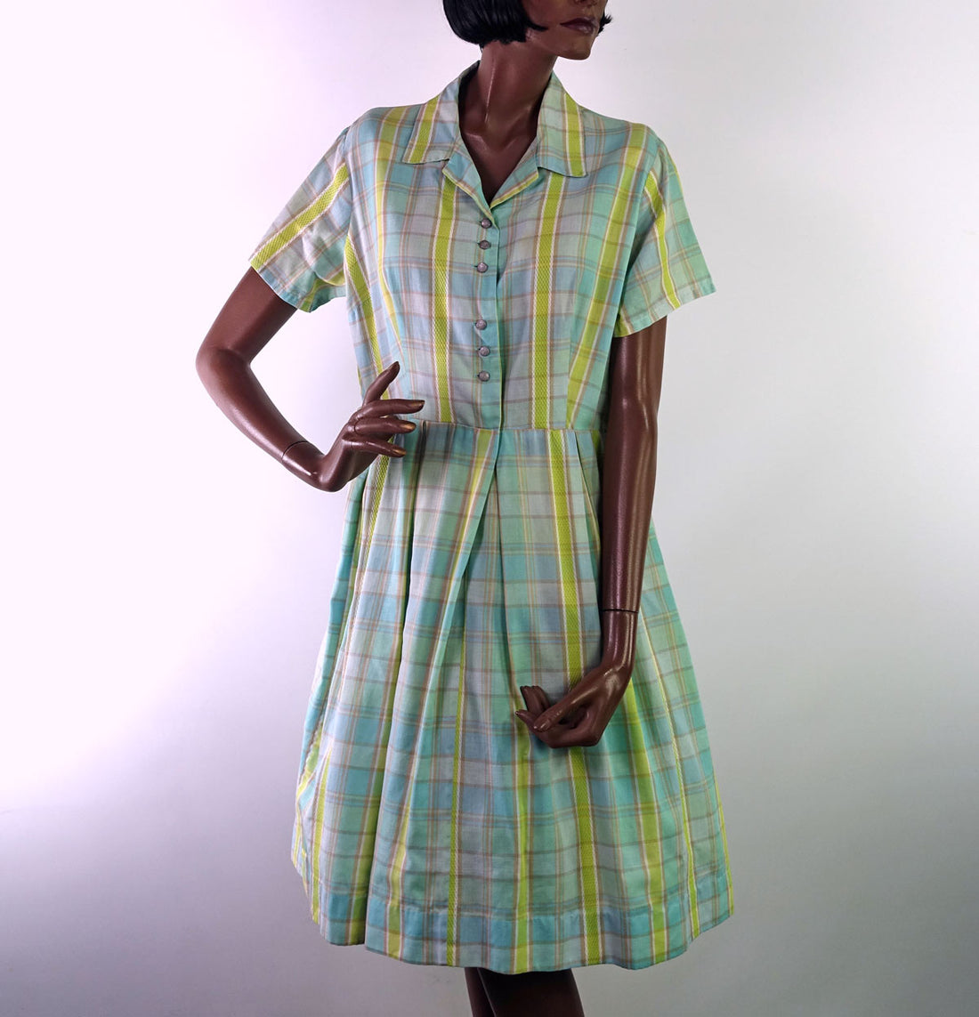 Women's Vintage Day Dress 50s 60s Novelty Plaid Pastels Large VFG Penney's Brentwood