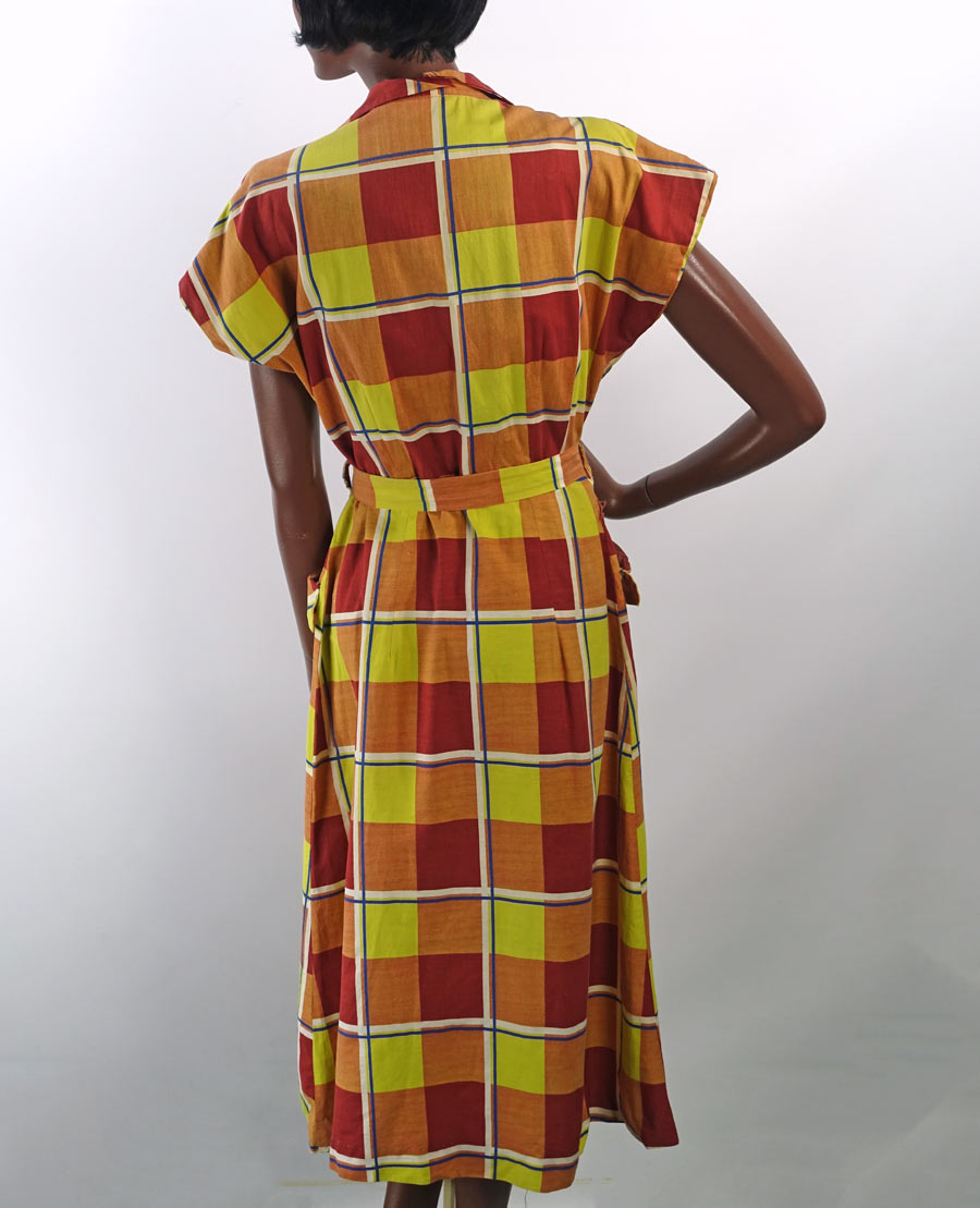 40s 50s  Women's Day Dress Vintage Large Scale Plaid Sunshine Colors M/L VFG Brentwood JC Penney