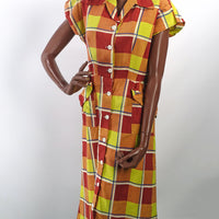 40s 50s  Women's Day Dress Vintage Large Scale Plaid Sunshine Colors M/L VFG Brentwood JC Penney