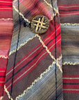 close up detail plaid fabric and hashtag buttons