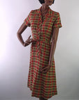 50s plaid dress in autumn colors, unbelted