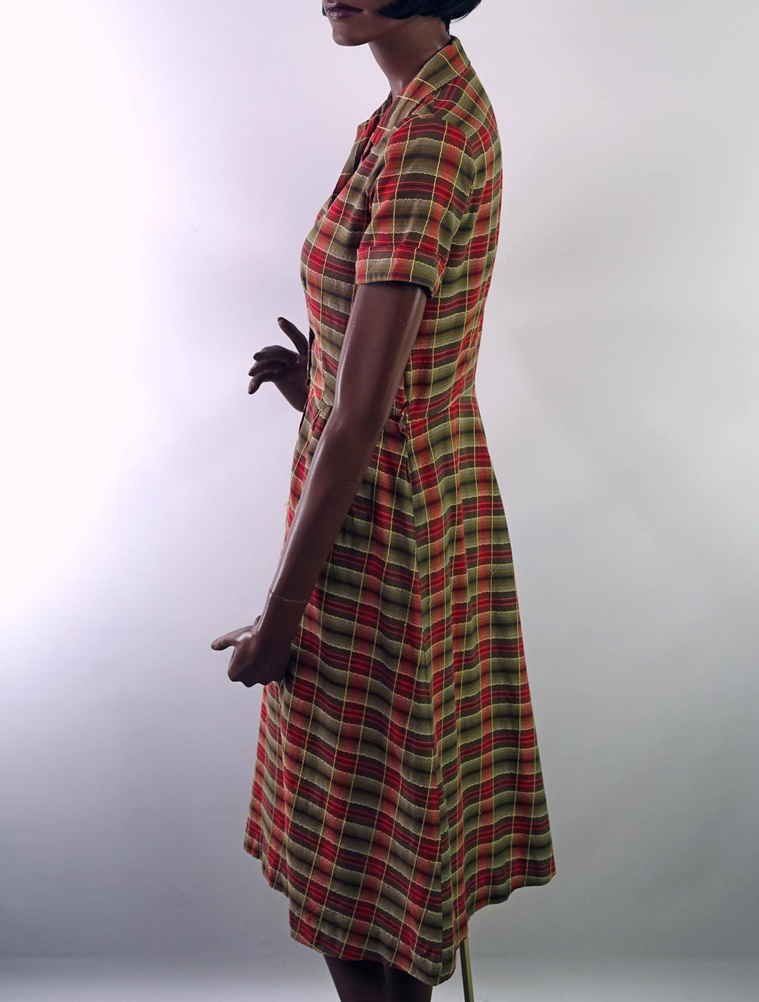 side view, 50s plaid shirt waist dress