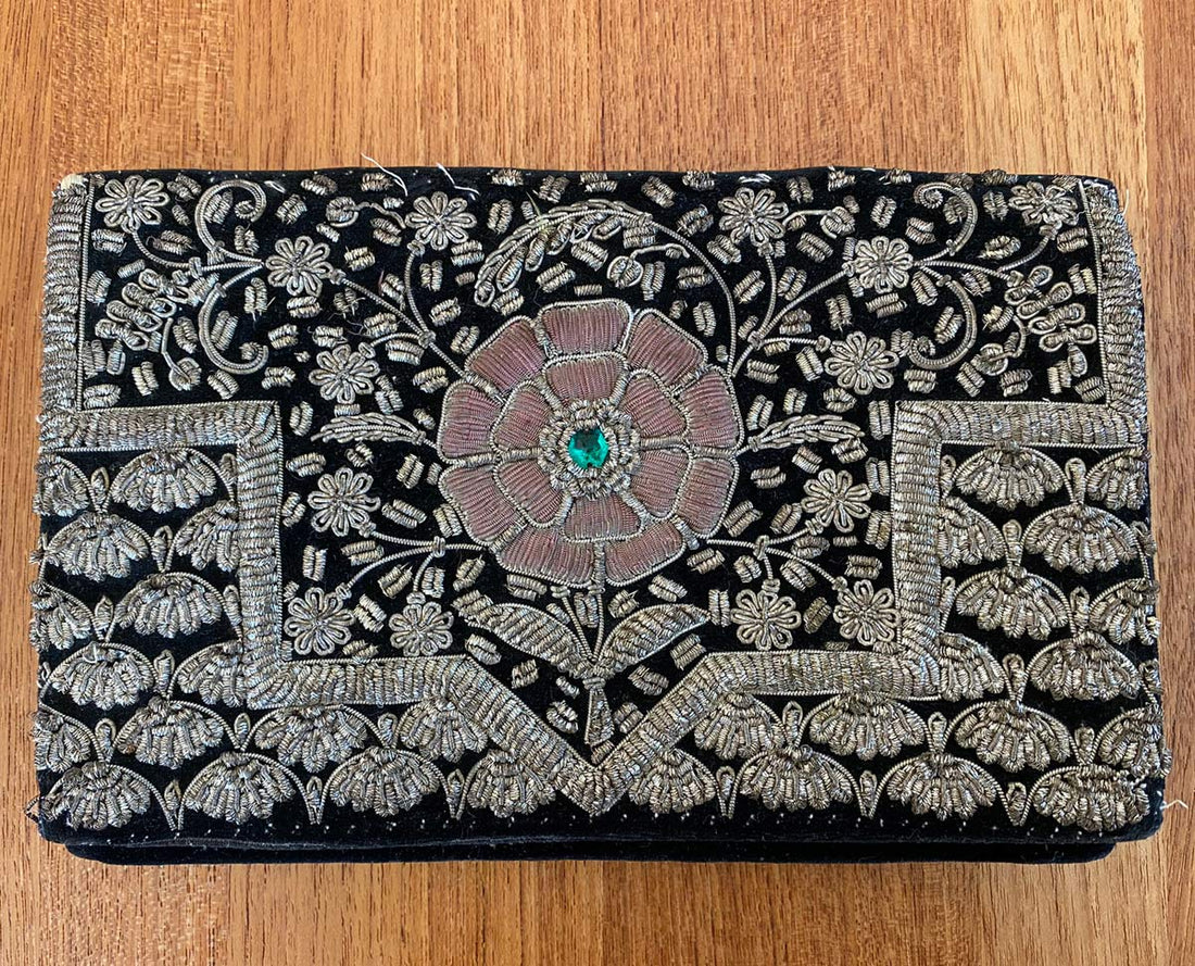 70s Black Velvet Envelope Clutch Bullion Zardozi Embroidery Vintage Made in India VFG