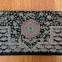 70s Black Velvet Envelope Clutch Bullion Zardozi Embroidery Vintage Made in India VFG