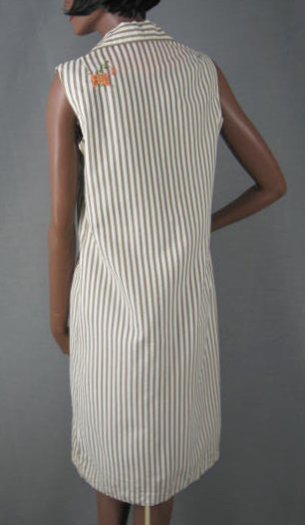 back view, brown and white seersucker sleeveless dress