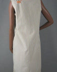 back view, brown and white seersucker sleeveless dress