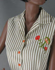 bodice, 60s striped summer dress with embroidered mushroom and flowers