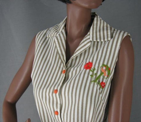 bodice, 60s striped summer dress with embroidered mushroom and flowers