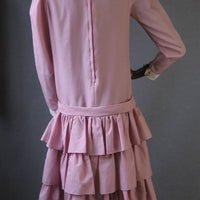 back view, 70s drop waist pink dress with itered ruffled skirt