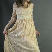 another view, feminine 70s ivory cream lace maxidress