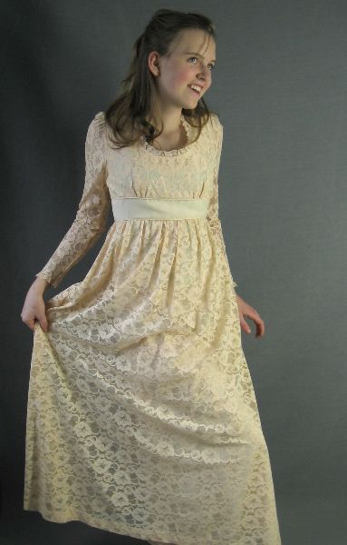 another view, feminine 70s ivory cream lace maxidress
