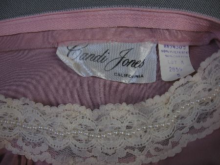 70s pink dress label, Candi Jones California and closeup of lace and micro-pearl trim