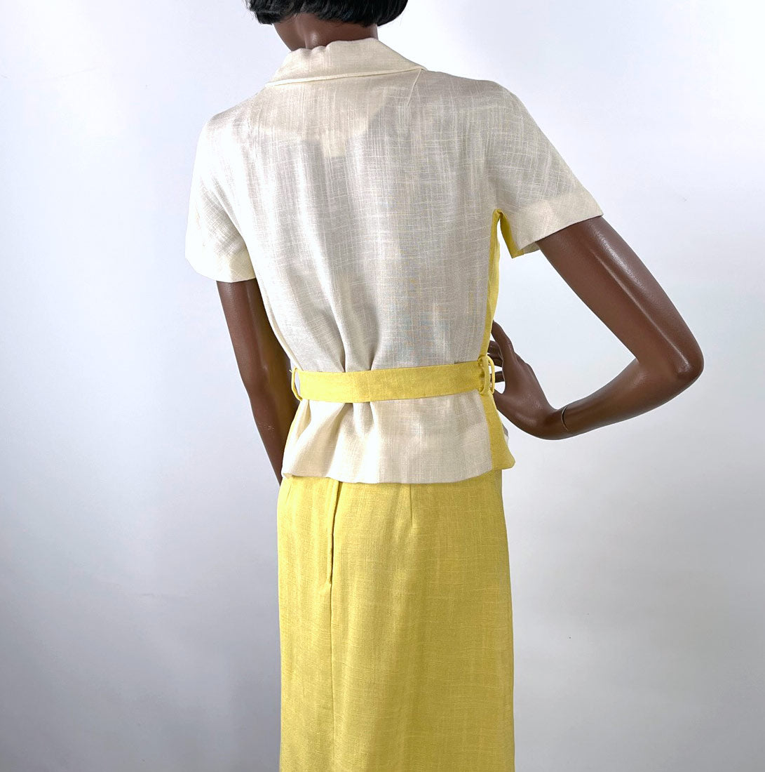 60s Spring Outfit Women's Vintage Yellow White Skirt Blouse Tunic Small New Old Stock VFG Carole King