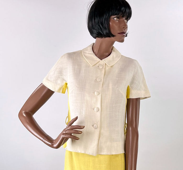 60s Spring Outfit Women's Vintage Yellow White Skirt Blouse Tunic Small New Old Stock VFG Carole King