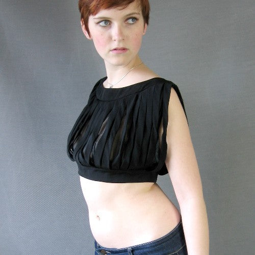 side view, 60s midriff top with car wash strips
