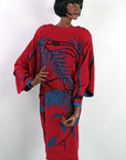 60s red silk shift dress with avant garde sleeves and dramatic print