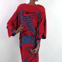 60s red silk shift dress with avant garde sleeves and dramatic print