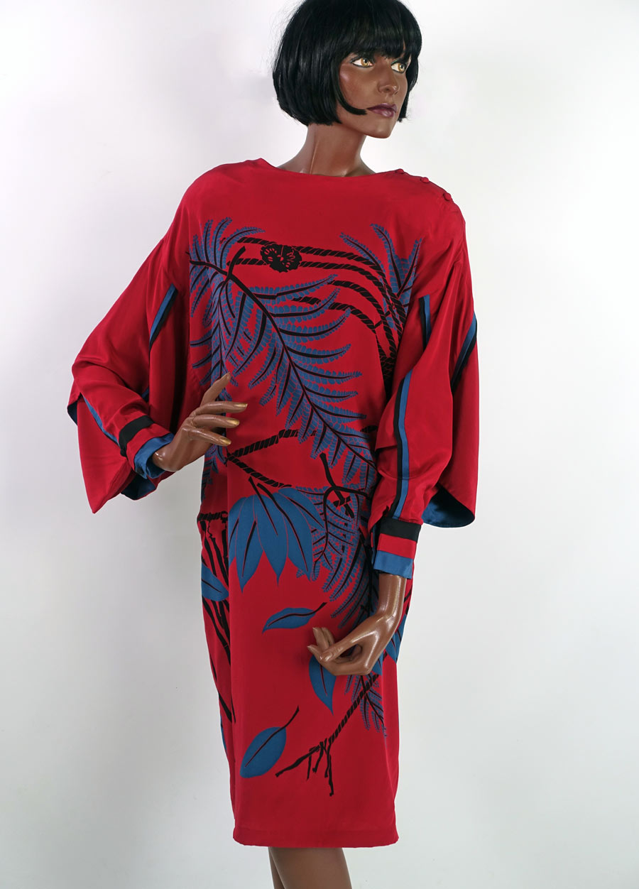 60s red silk shift dress with avant garde sleeves and dramatic print
