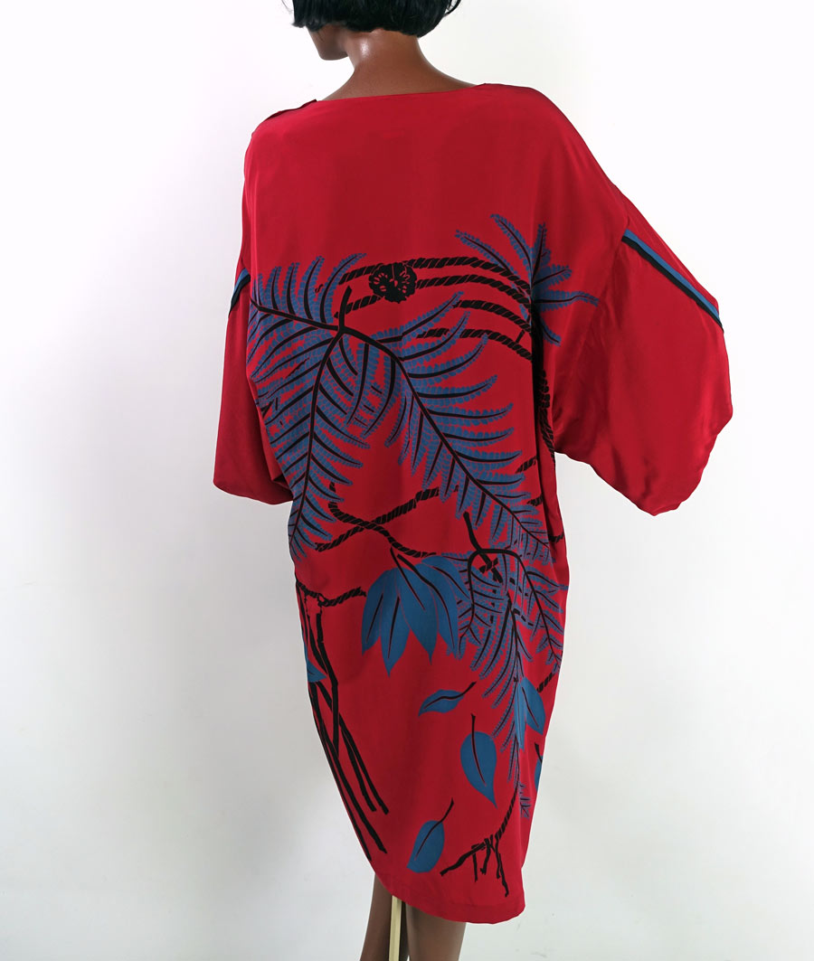 back view, 80s red silk shift dress with kimono sleeves